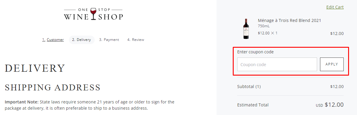 How do I use my One Stop Wine Shop coupon code?