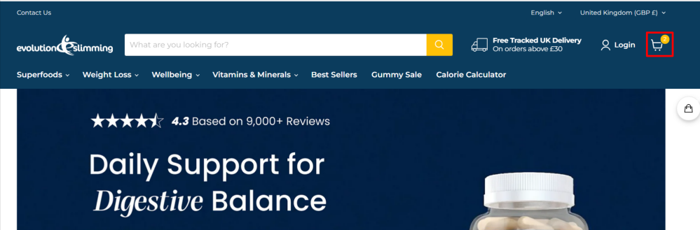 The Evolution Slimming page shopping page and categories
