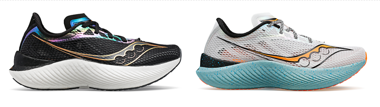 Zwei der Endorphin Pro Sneaker von Saucony in jeweils verschiedenen Farbrichtungen