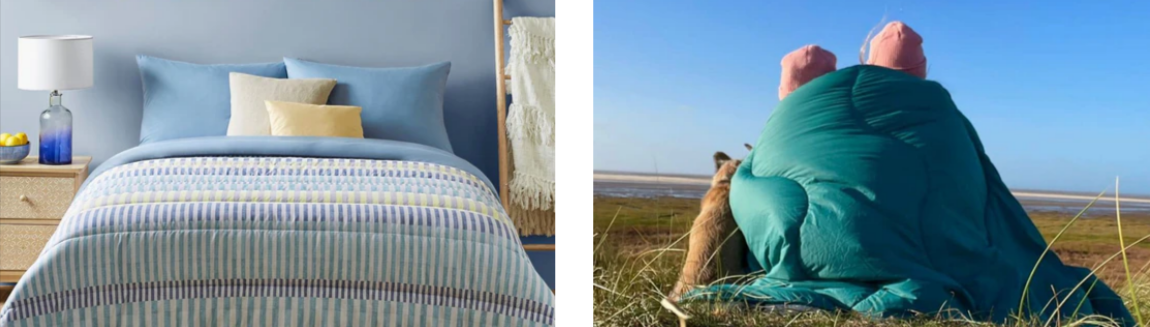 The fine bedding company night lark coverless duvet in the teal colour and their anti-allergy duvets in their multi-coloured range