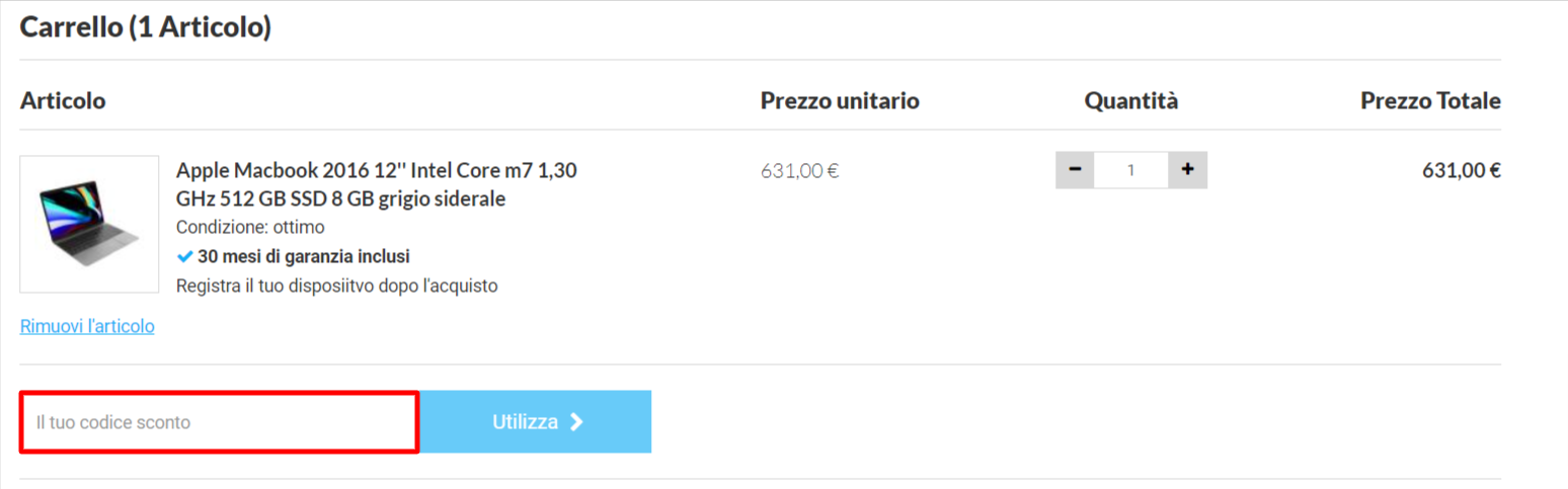 carrello del sito ufficiale asgoodasnew in cui viene mostrato l'acquisto di un dispositivo tecnologico e la sezione del codice sconto asgoodasnew