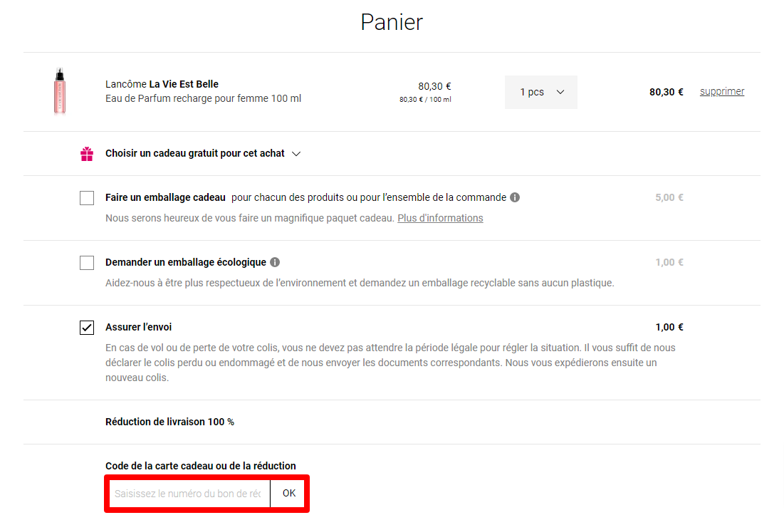 La page de paiement de la marque avec l'endroit où ajouter le bon de réduction NOTINO mis en évidence avec une boîte rouge.