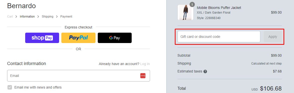 How do I use my Bernardo Fashion discount code?