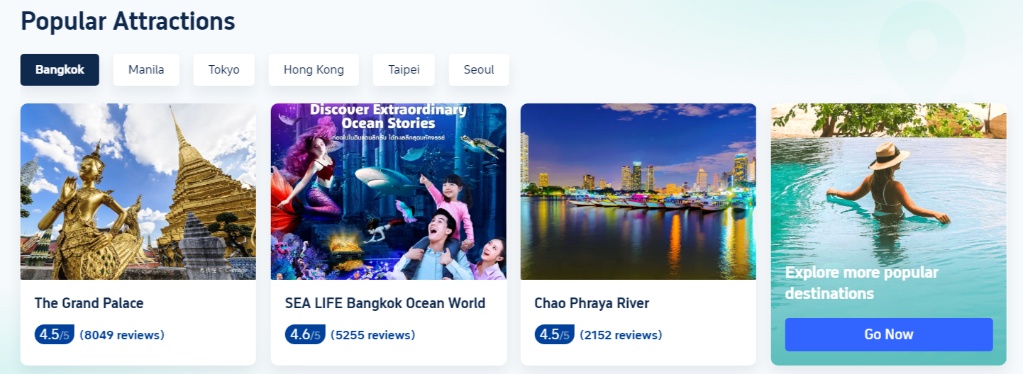 Trip.com featured most popular destinations including Bangkok, Tokyo, Manila, Seoul, Taipei and Hong Kong