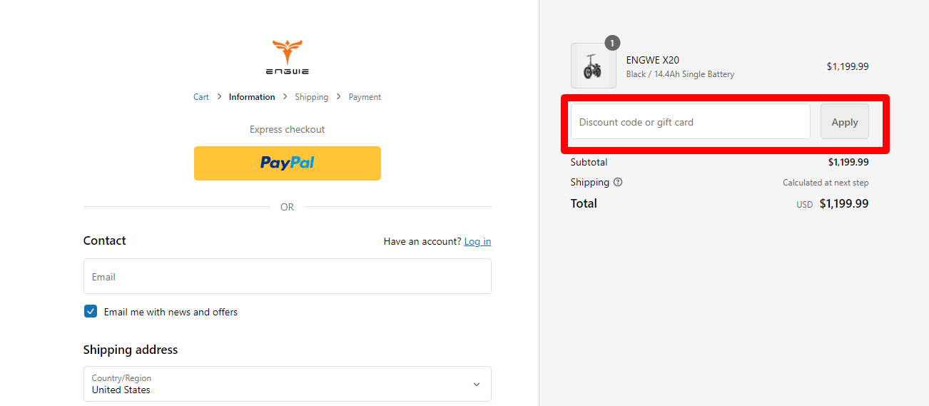 The brand checkout page with where to add the Engwe discount code highlighted with a red box