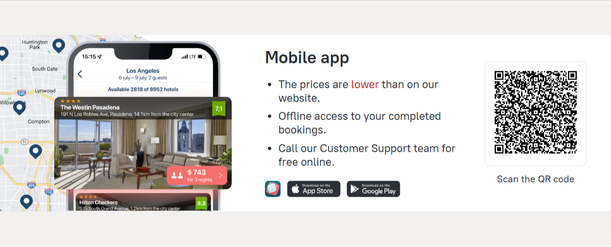 The ZenHotels app being used to book a hotel stay in Los Angeles for a trip in July