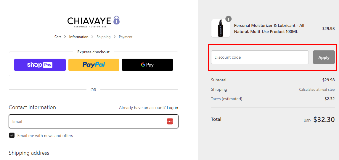 How do I use my Chiavaye discount code?