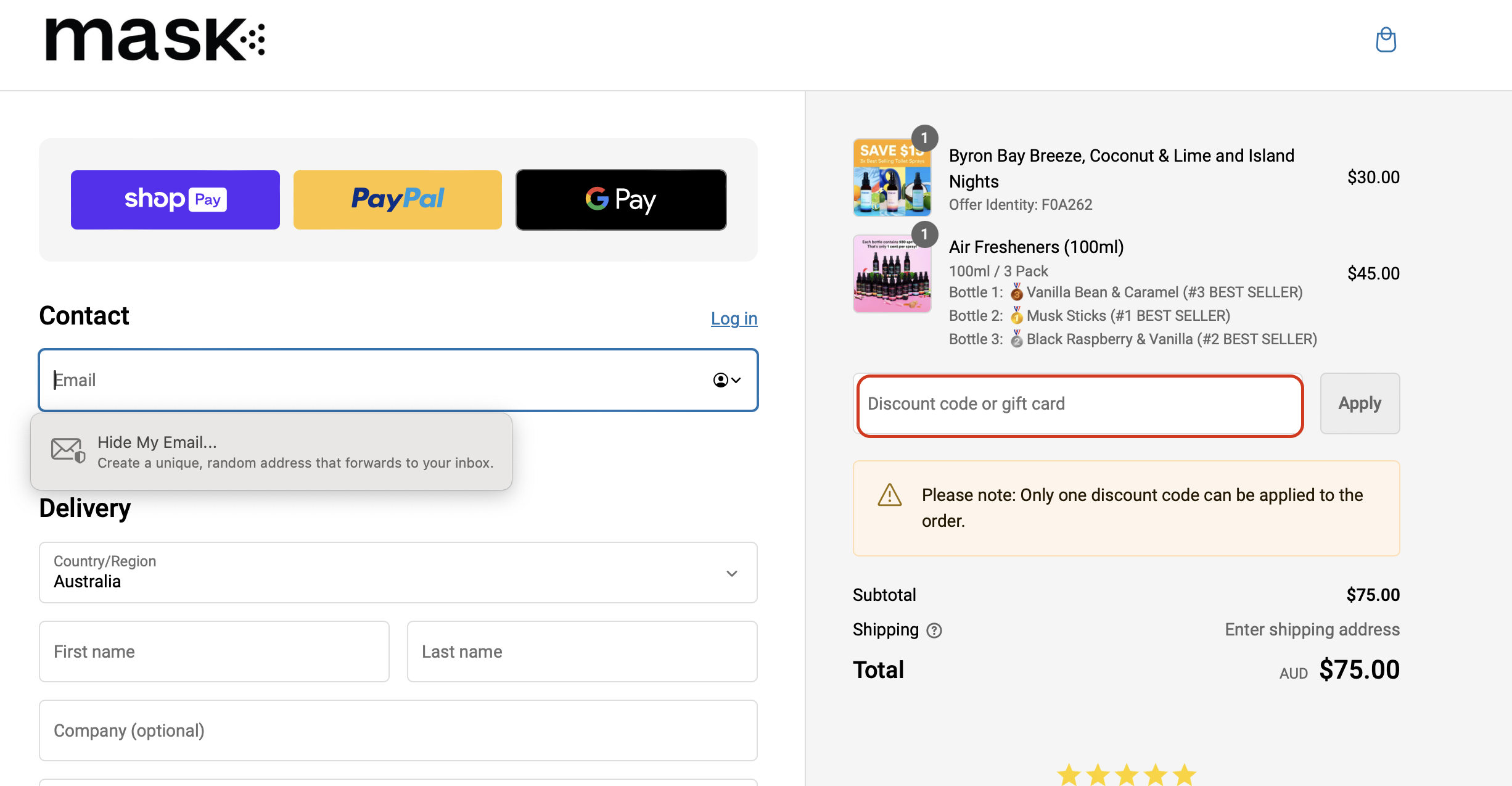 the highlighted red box at the brand checkout page is showing where to add the MaskCo discount code.