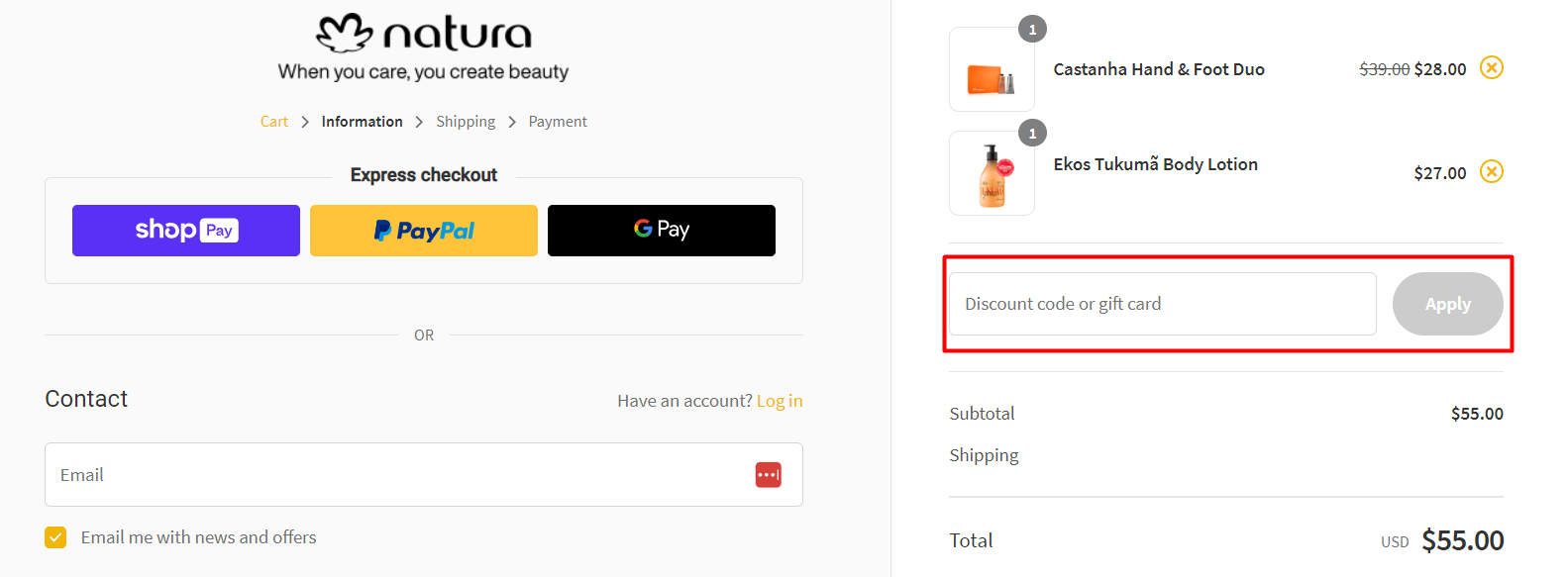 How do I use my Natura discount code?