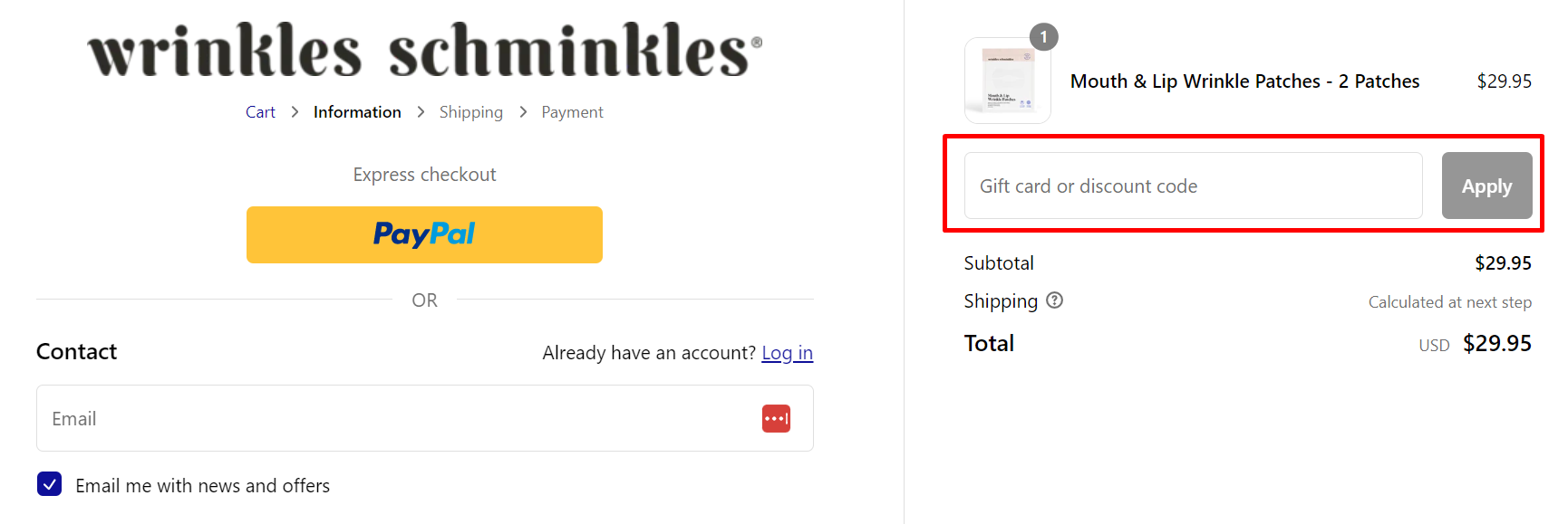 How do I use my Wrinkles Schminkles disocunt code?