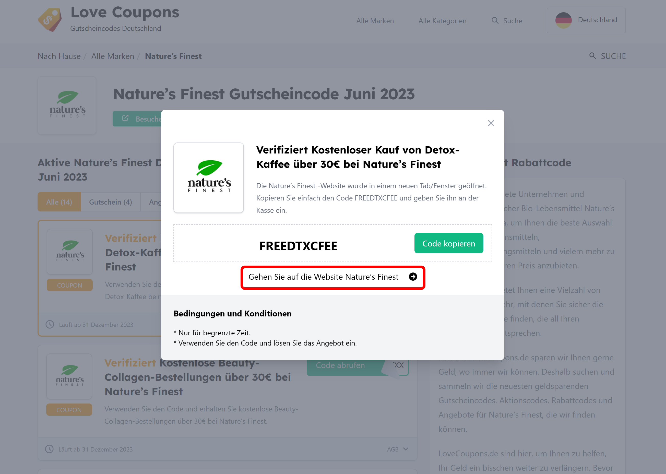 Die Lovecoupons-Seiter mit einem offenen Nature’s Finest Gutscheincode mit rotmarkiertem Link