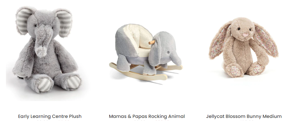 A grey fluffy elephant, a jellycat bunny and a rocking elephant, your baby can play with