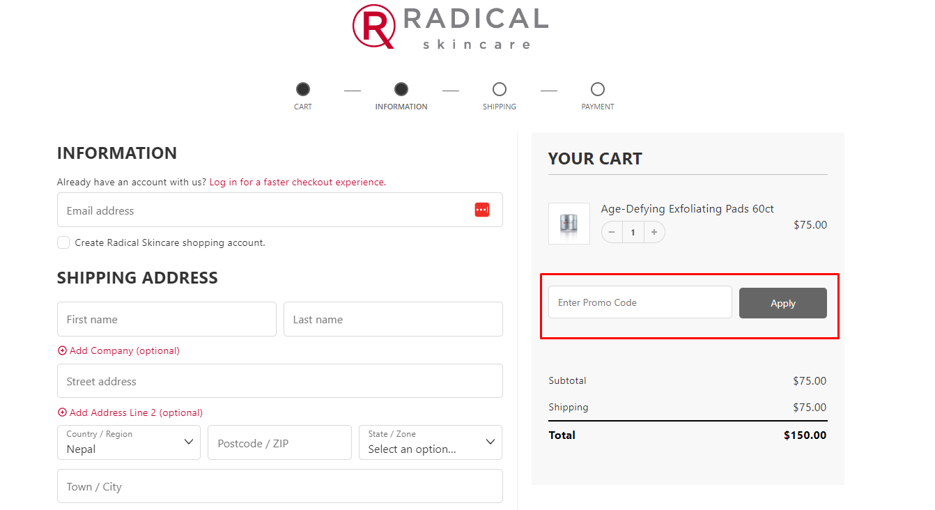How do I use my Radical Skincare promo code?