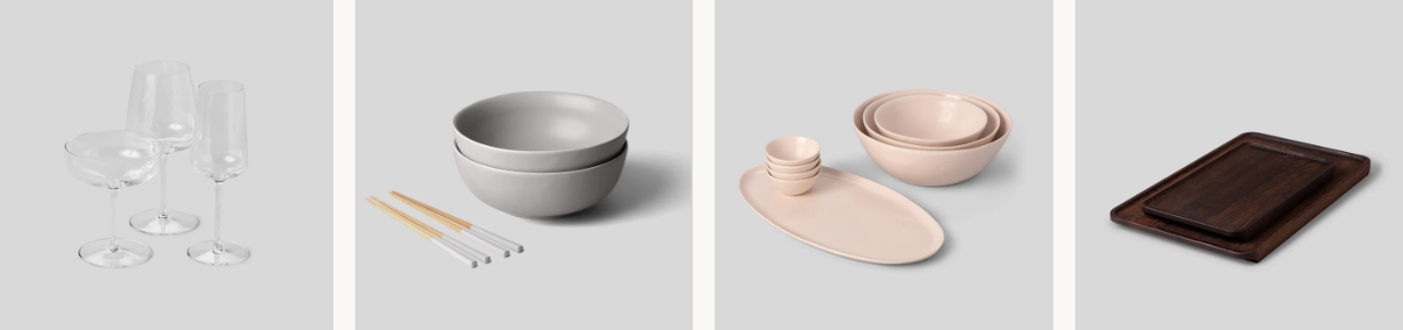 A collage of stemware glass set, grey ramen set with chopsticks, serving ceramics set and a brown serving board set
