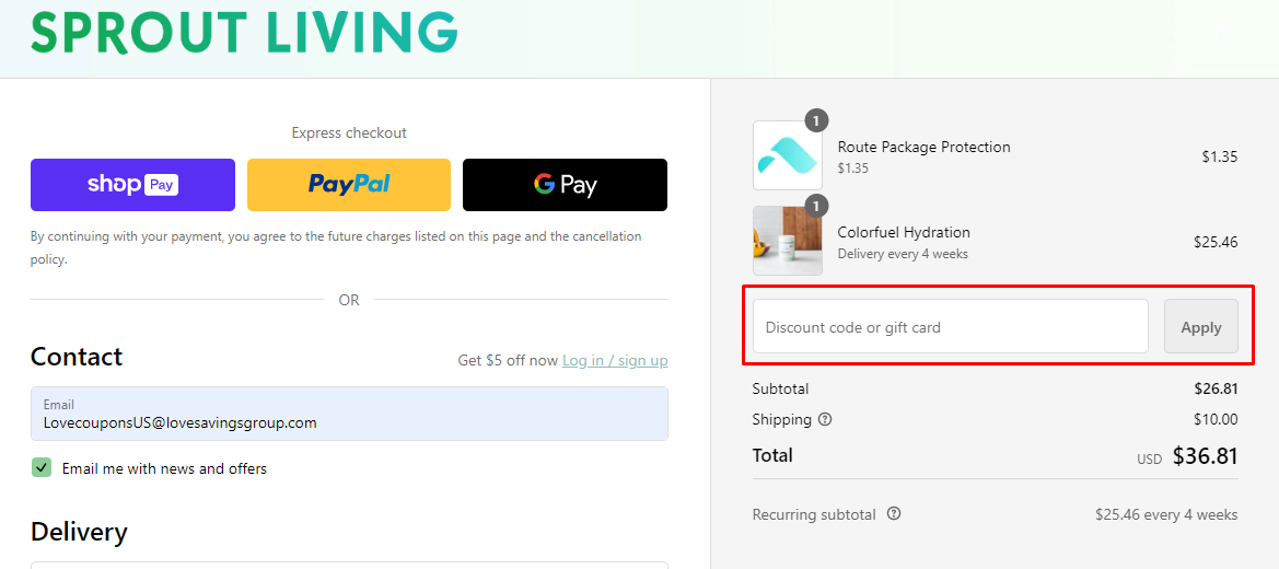 How do I use my Sprout Living discount code?