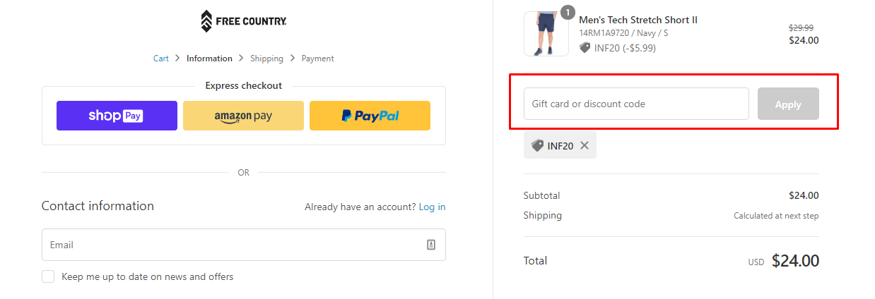 How do I use my Free Country discount code?