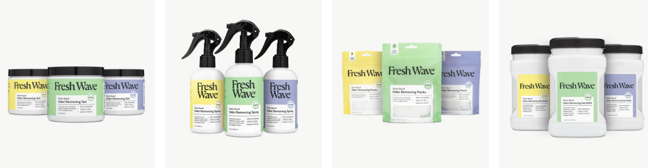 different categories for Fresh Wave’s products exhibited including sprays, gels, packs, and refills