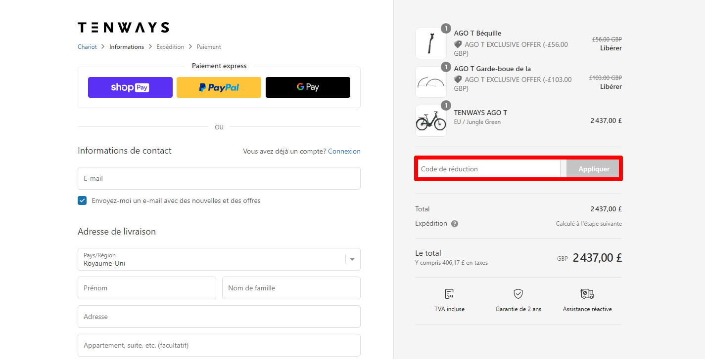 La page de paiement de la marque avec l'endroit où ajouter le Tenways code promo mis en évidence avec une boîte rouge.