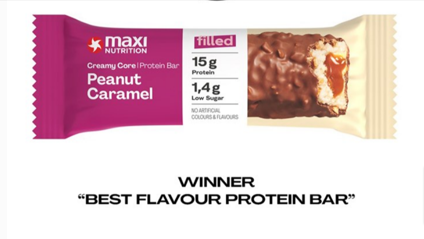 The peanut butter Maximuscle protein bar with the protein and sugar contents on the packet
