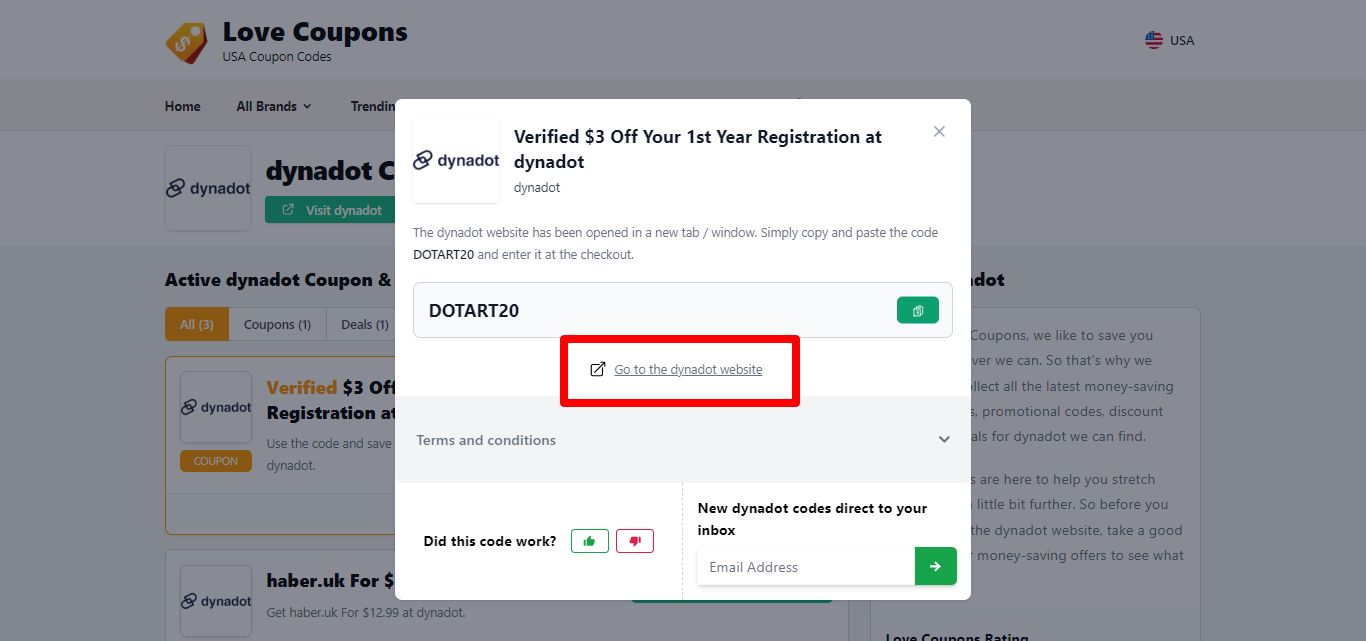box hovering over a darkened background with a dynadot coupon code and the “terms and conditions”