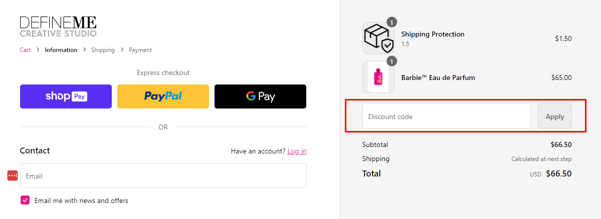 How do I use my DefineMe Creative Studio discount code?