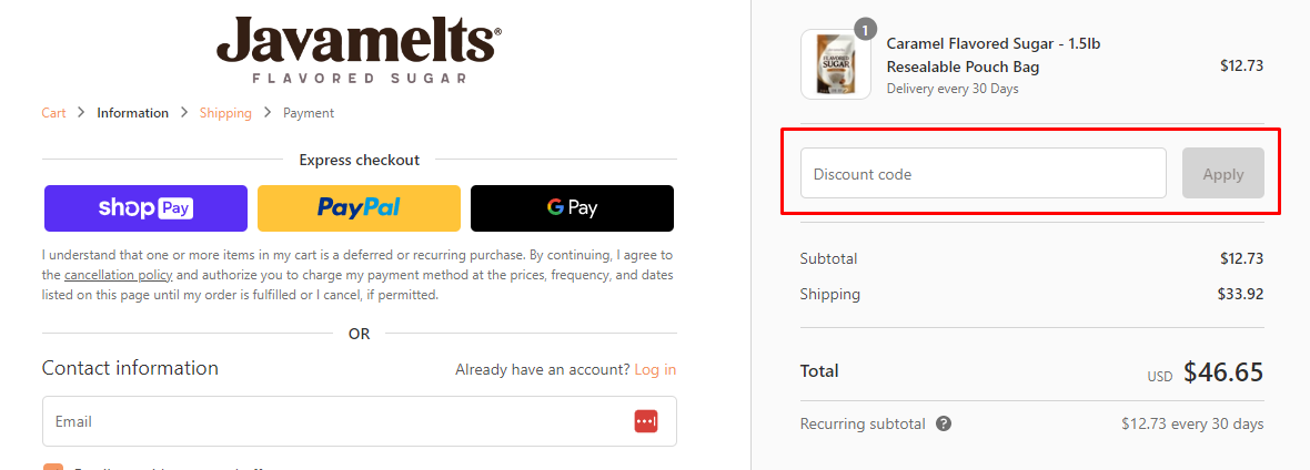 How do I use my Javamelts discount code?