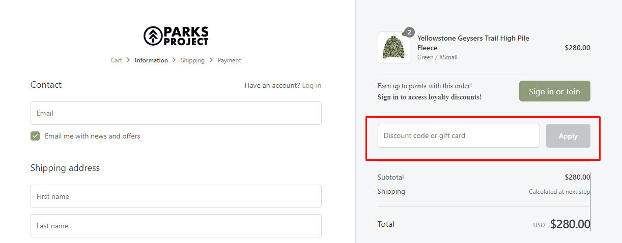 How do I use my Parks Project discount code?