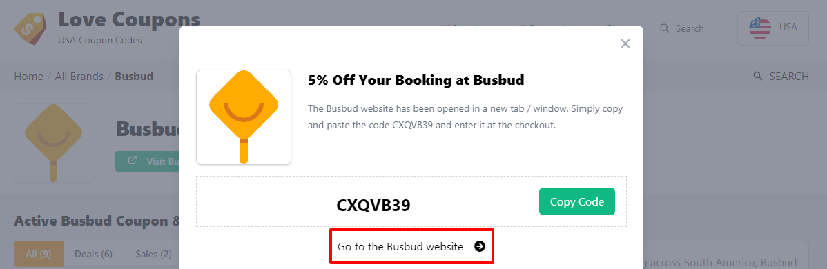 Box displayed on a darkened background of a Busbud discount code with the terms and conditions showing