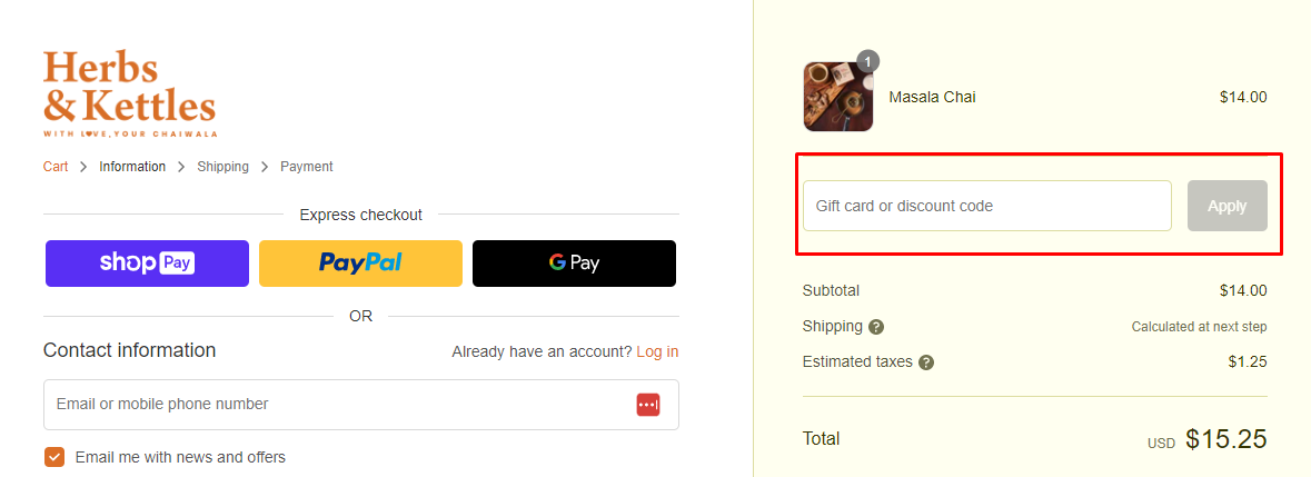 How do I use my Herbs & Kettles discount code?