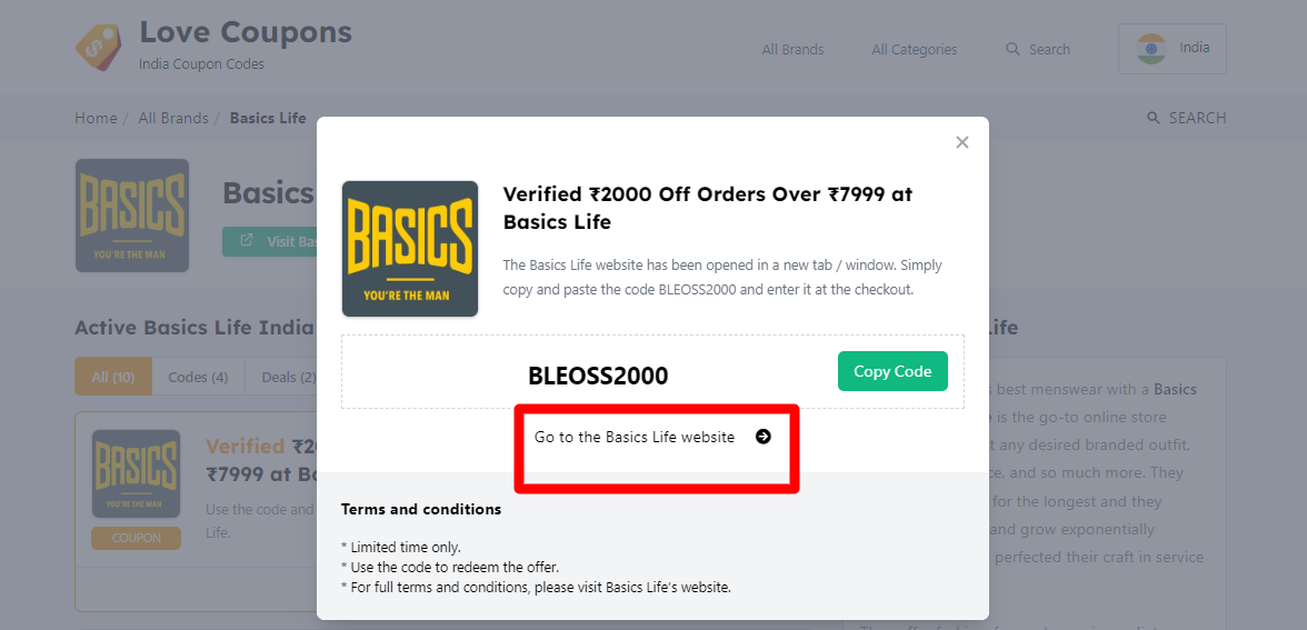 Box displayed on a darkened background of a Basics Life discount code with the terms and conditions showing