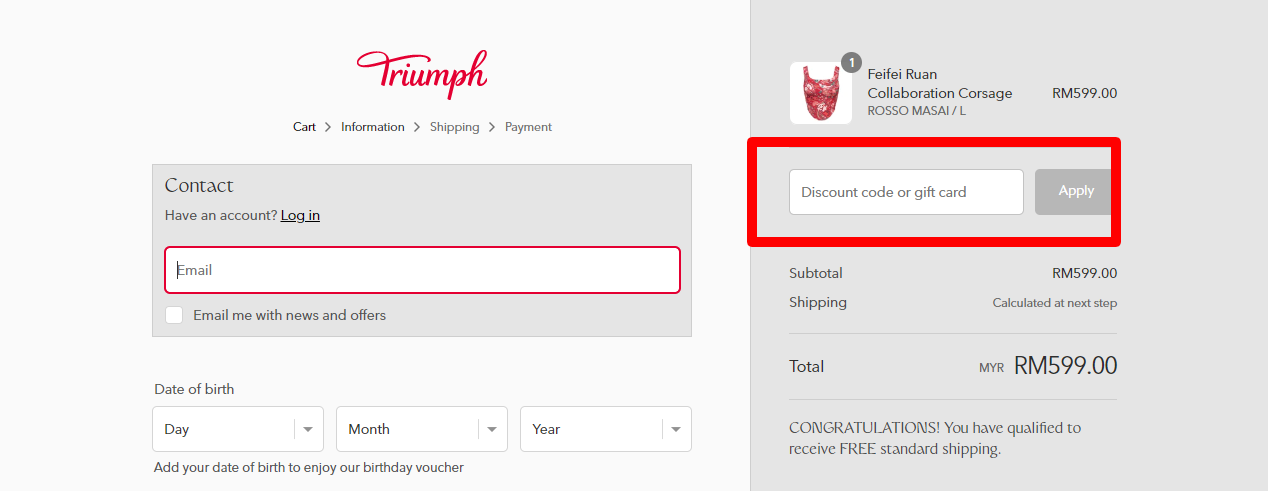 The brand checkout page with where to add the Triumph coupon code is highlighted with a red box