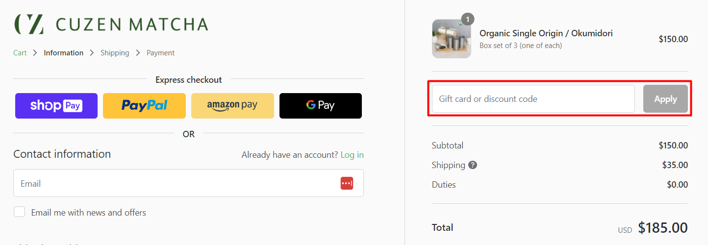 How do I use my Cuzen Matcha discount code?
