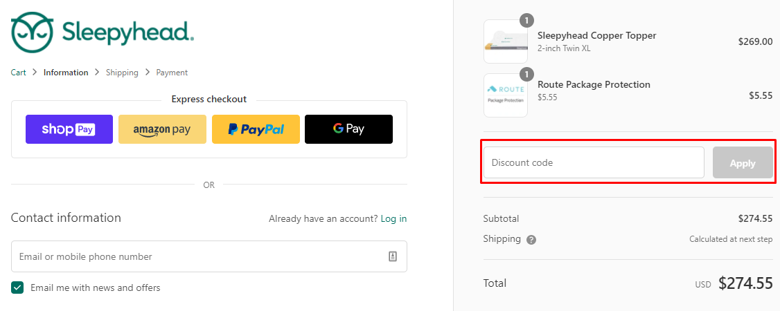 How do I use my Sleepyhead USA discount code?