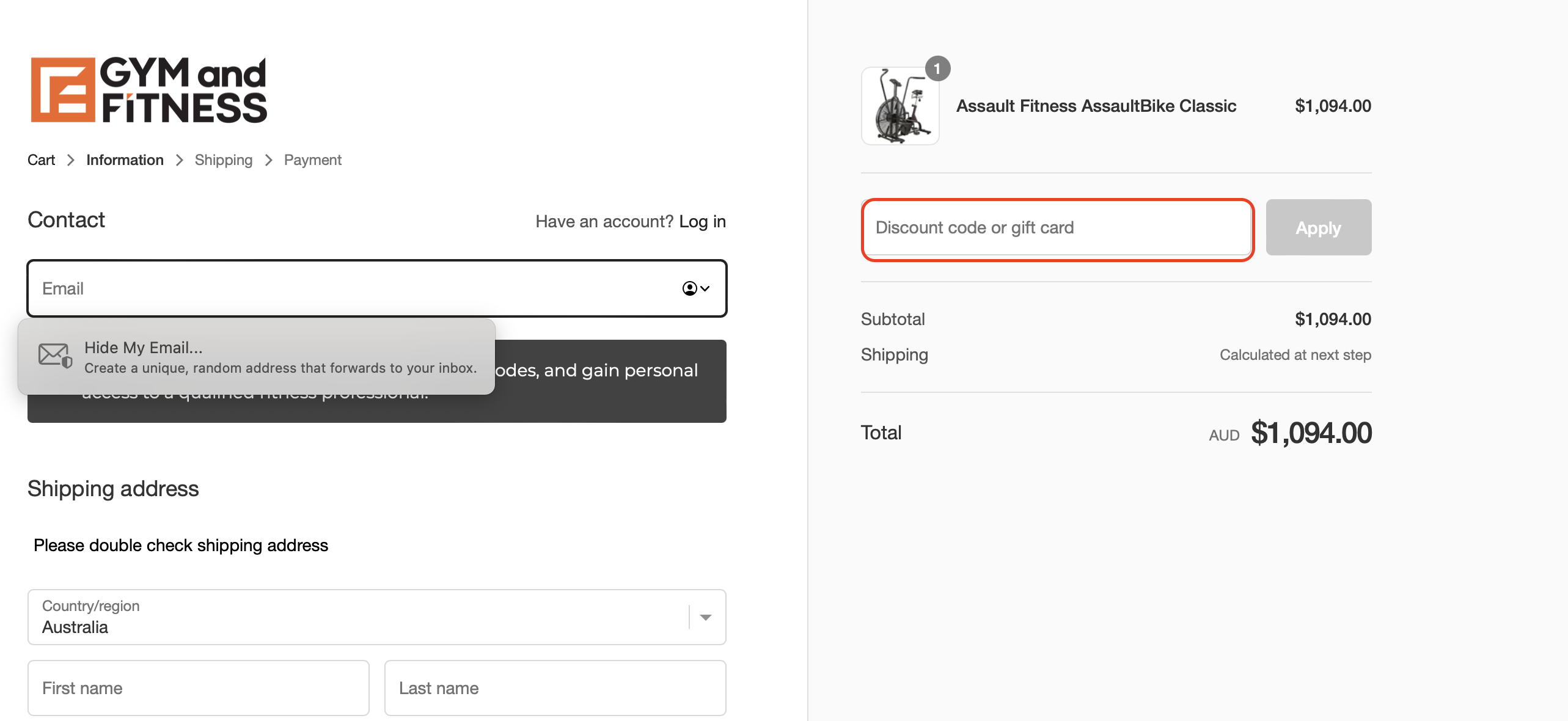 The highlighted red box at the brand checkout page is showing where to add the Gym and Fitness coupon code.
