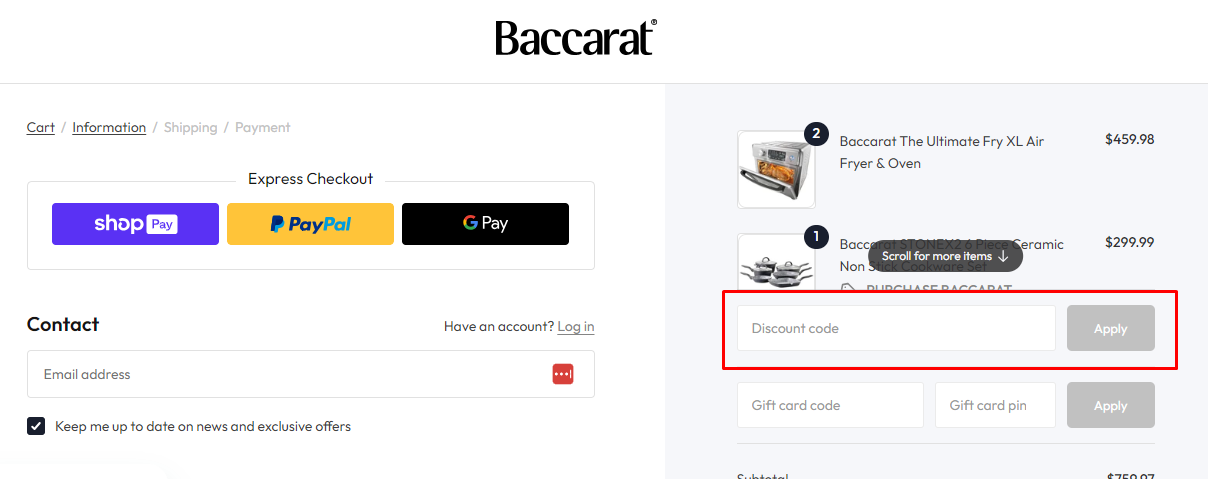 How do I use my Baccarat discount code?