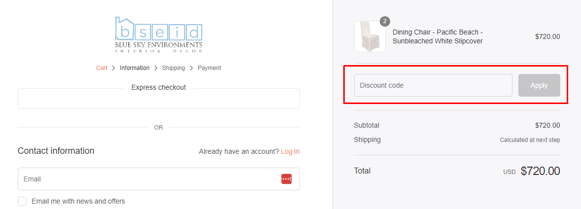 How do I use my Blue Sky Environments Interior Decor discount code?