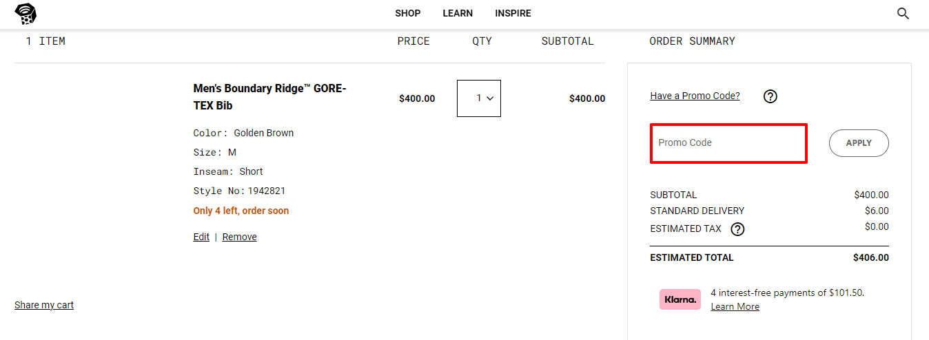 Mountain Hardwear promo code place highlighted with a red box on their checkout page