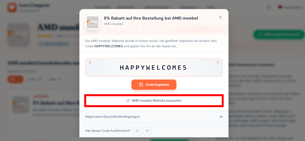 Ein offener Rabattcode für AMD moebel mit rotmarkiertem Link