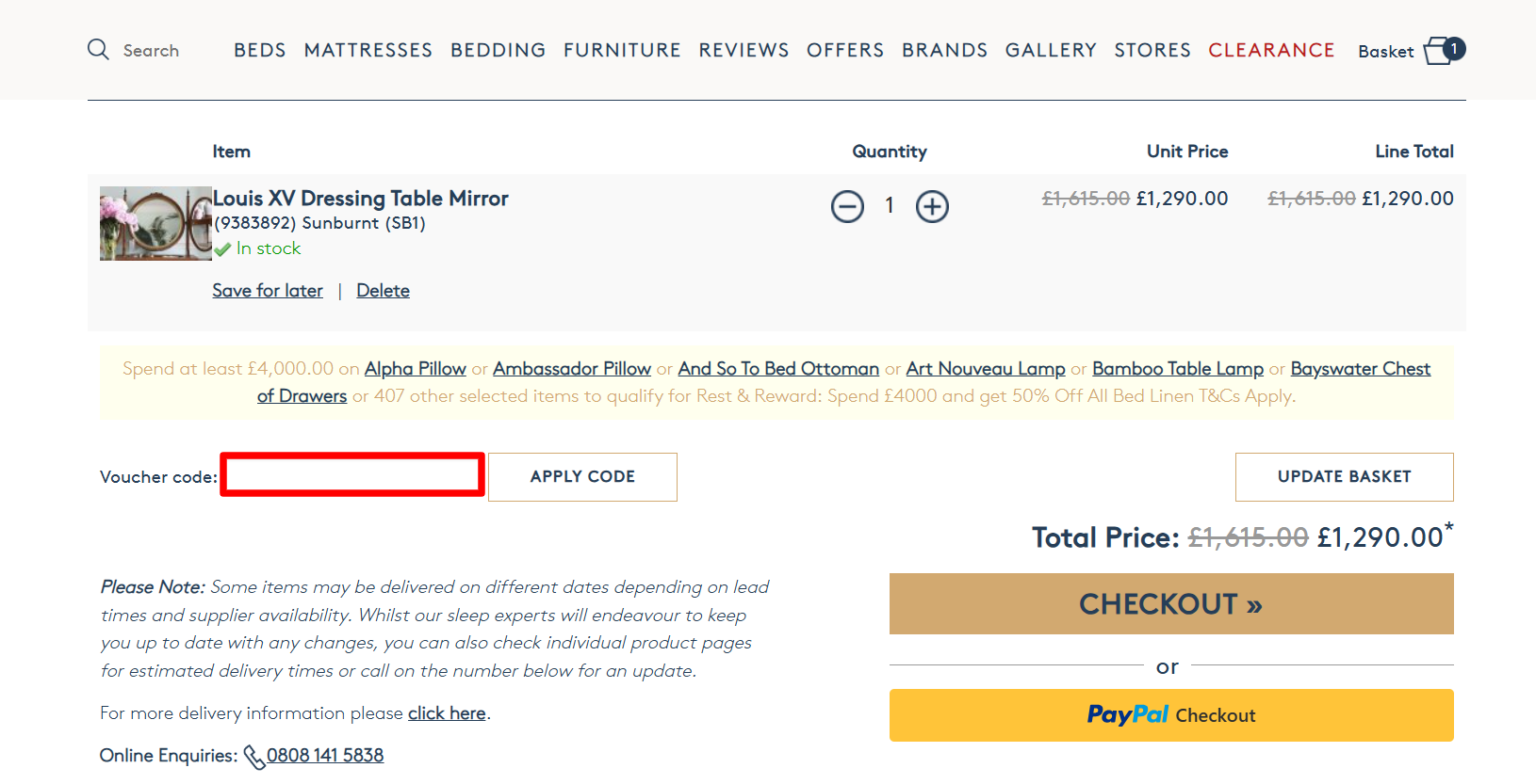 The And So To Bed checkout page with the discount code box highlighted with a red box