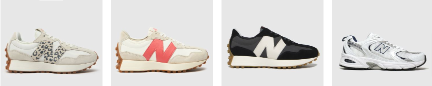 New Balance beige, white & pink, black and white & silver women's trainers on grey background