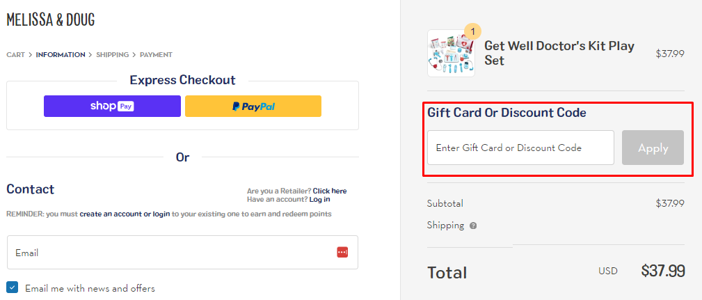 How do I use my Melissa & Doug discount code?