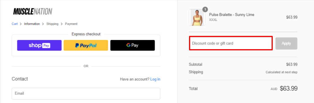 The brand checkout page with where to add the Muscle Nation promo code highlighted with a red box