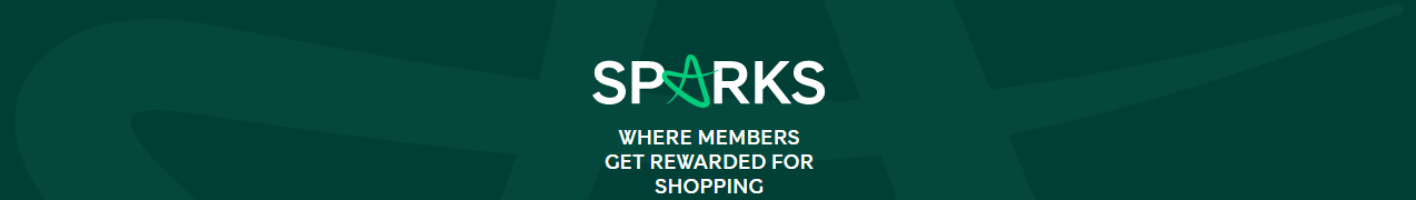 Sparks logo and slogan that says ‘Where members get rewarded for their shopping’ over a dark green background.