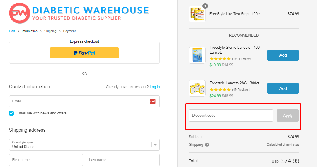 How do I use my Diabetic Warehouse discount code?
