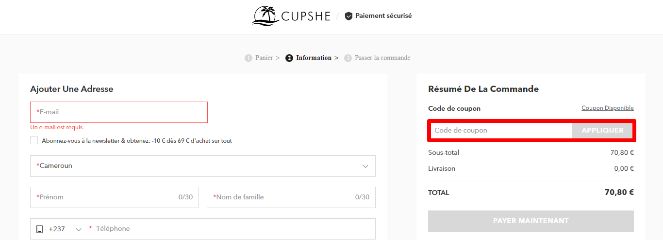 La page de paiement de la marque avec l'endroit où ajouter le coupon Cupshe mis en évidence avec une boîte rouge.