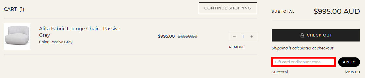 The Interior Secrets checkout page with the promo code box highlighted with a red box