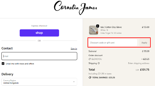 A box where you can add your Cornelia James promo code to redeem it