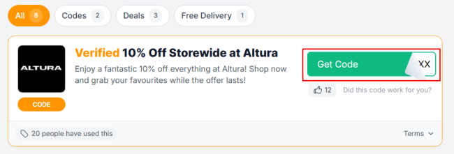 The Love Discount Vouchers page shows Altura UK promo codes and offers to use on your purchase