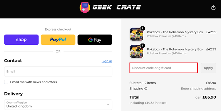 image showing the Geek Crate checkout page