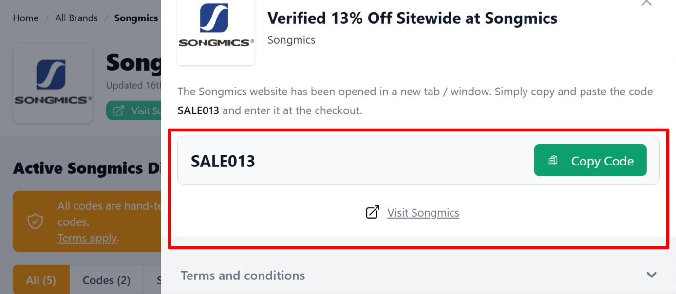 A Songmics promo code on an onscreen page on our site